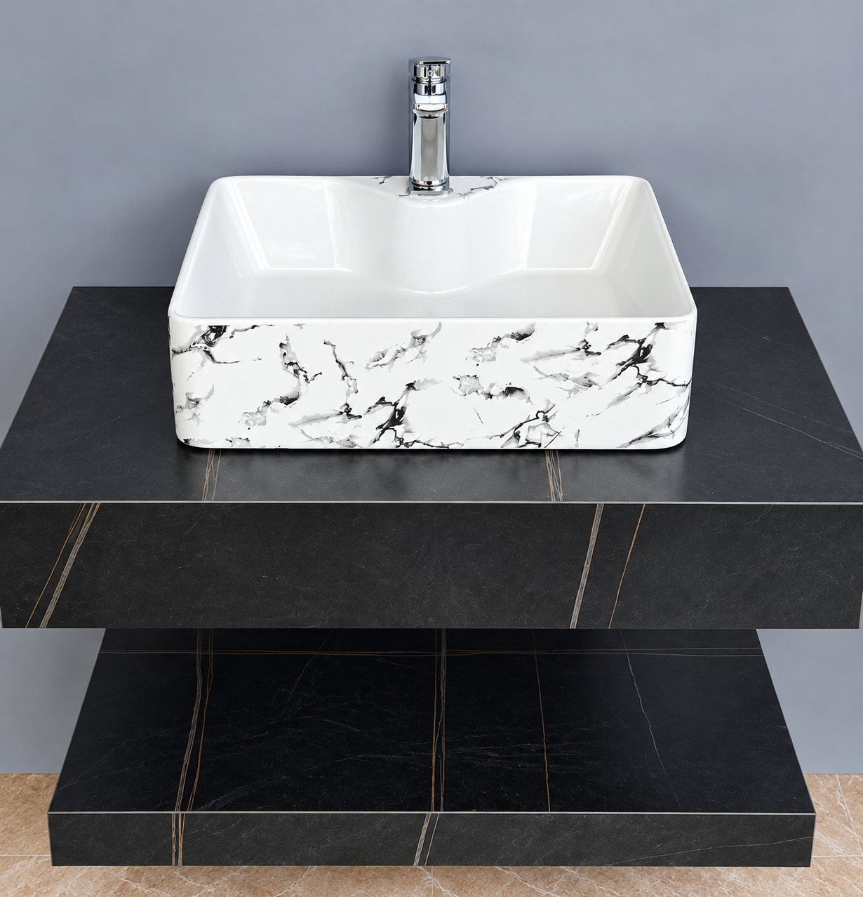 Ảnh cận cảnh chậu lavabo trắng vân đá, vòi Chrome và mặt tủ đen