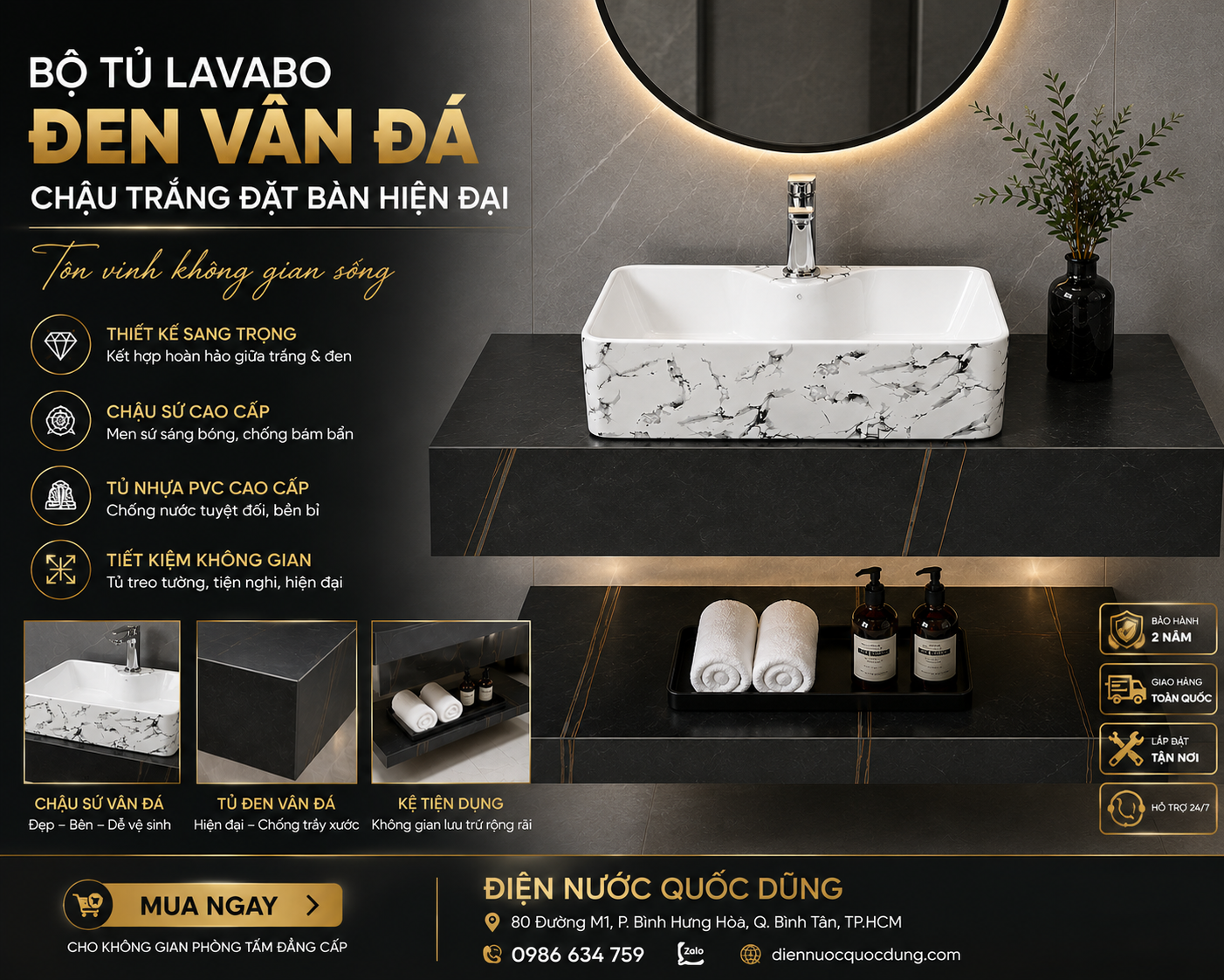 Ảnh tổng thể bộ tủ lavabo mini treo tường, chậu trắng vân đá và tủ đen