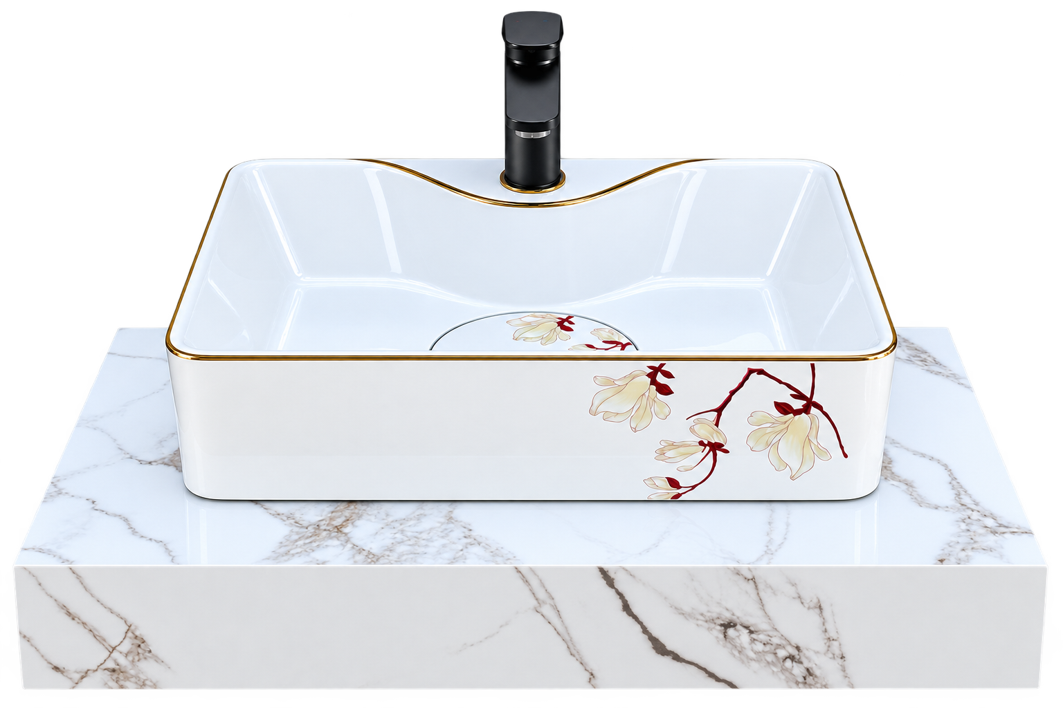 Chậu lavabo trắng viền vàng có họa tiết hoa sang trọng