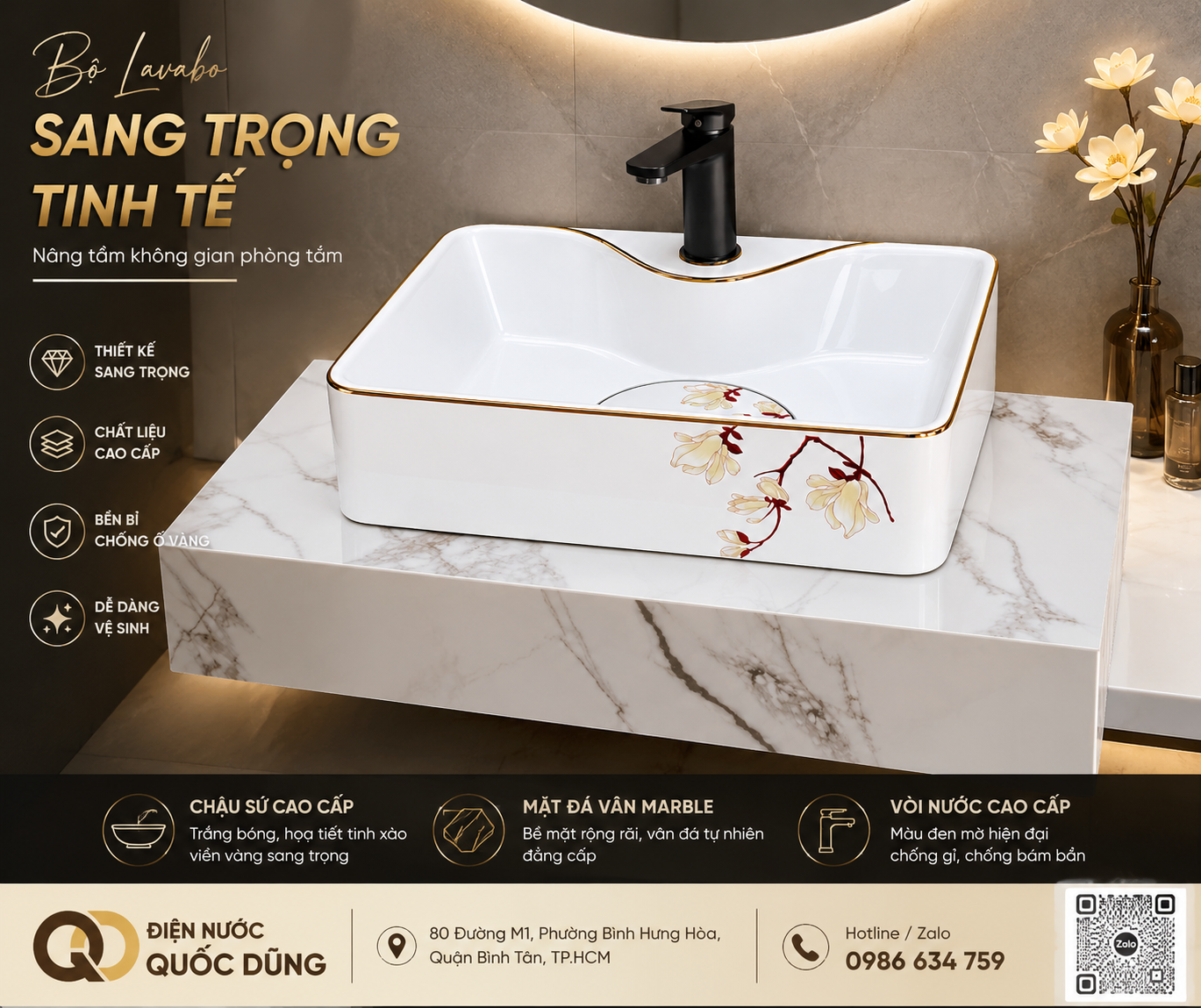Bộ lavabo phòng tắm đẹp chậu trắng họa tiết hoa viền vàng mặt đá marble vòi đen.