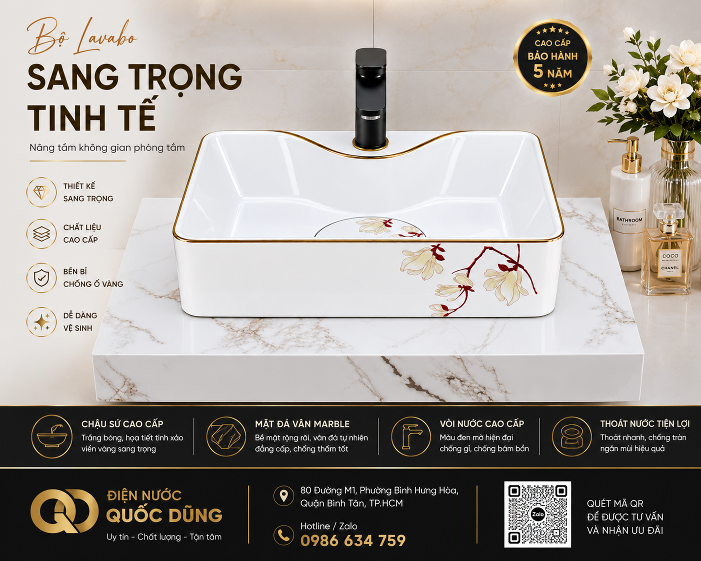 Bộ lavabo đặt bàn phòng tắm trắng viền vàng họa tiết hoa, mặt đá vân marble, vòi đen cao cấp.
