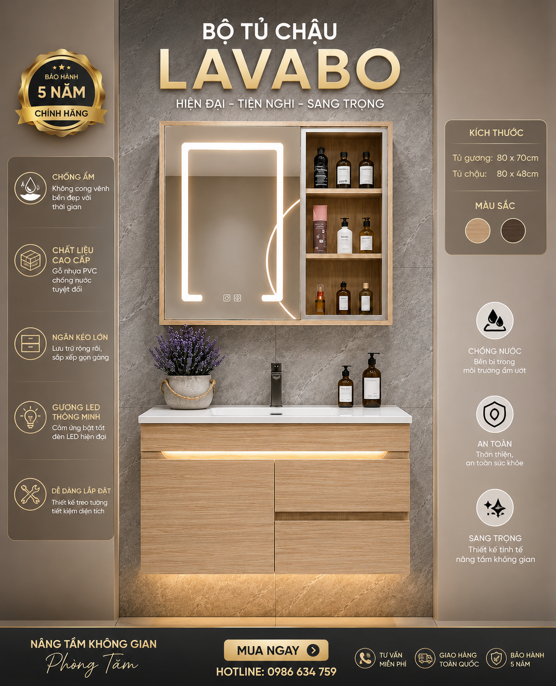 Tủ chậu lavabo nhựa có gương chậu trắng họa tiết hoa viền vàng mặt bàn vân đá