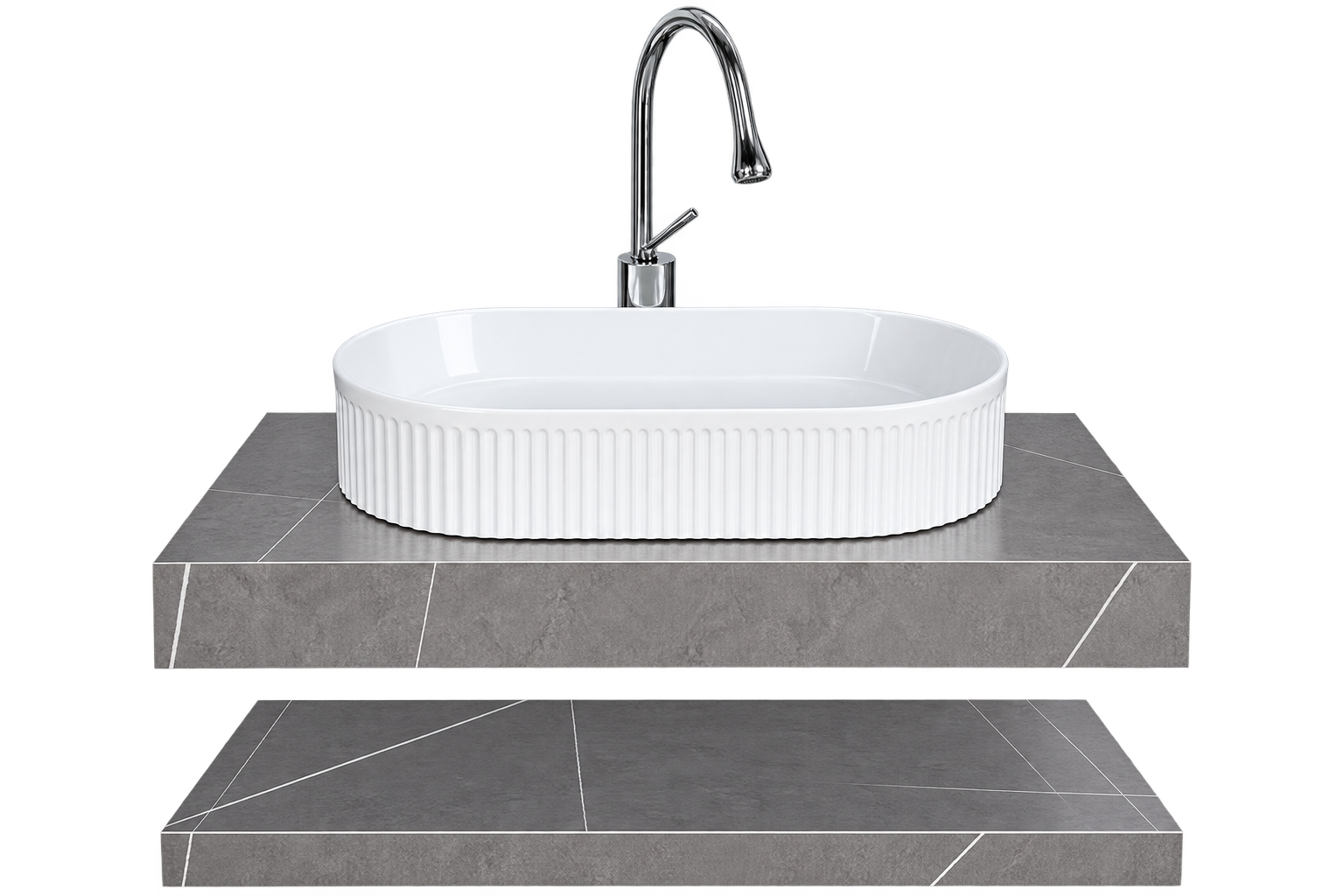 Chậu lavabo sứ trắng oval gân dọc đặt trên bàn đá phòng tắm