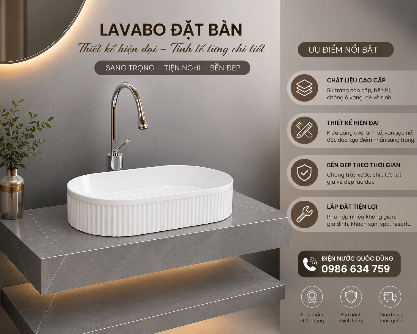 Bộ bàn đá lavabo dương 2 tầng TPHCM chậu sứ trắng oval hiện đại