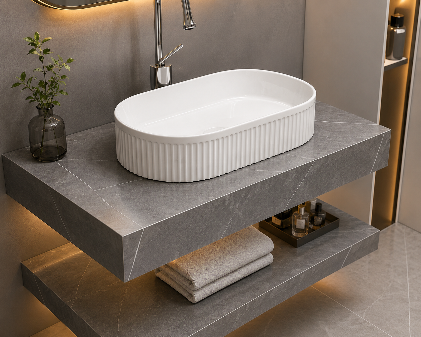 Bộ bàn đá lavabo 2 tầng màu xám kết hợp chậu lavabo trắng phòng tắm