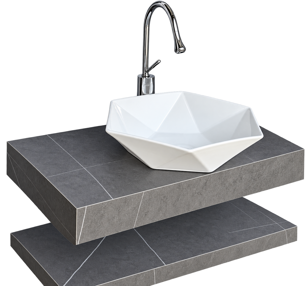 Bộ bàn lavabo phòng tắm 2 tầng màu xám kết hợp lavabo trắng và vòi cổ cao