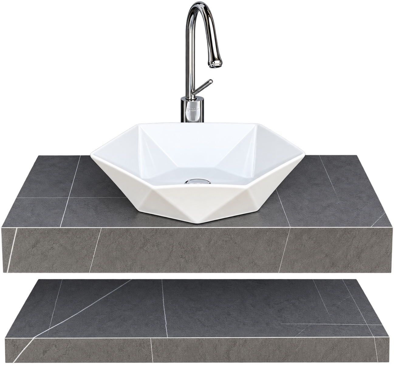 Lavabo đặt bàn 2 tầng chậu sứ trắng hình học đa giác cao cấp