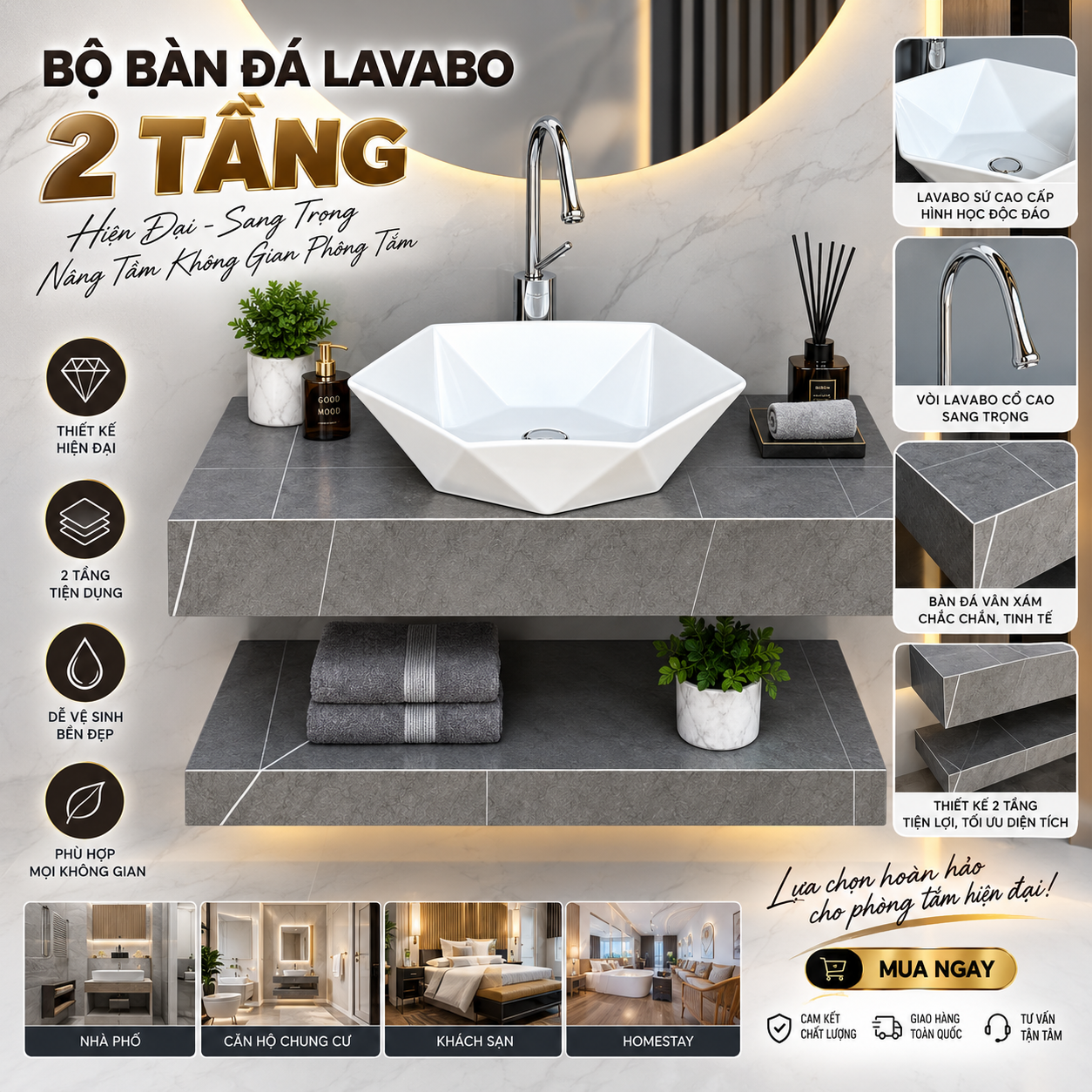Bộ bàn đá lavabo 2 tầng TPHCM lavabo đặt bàn màu trắng thiết kế hiện đại