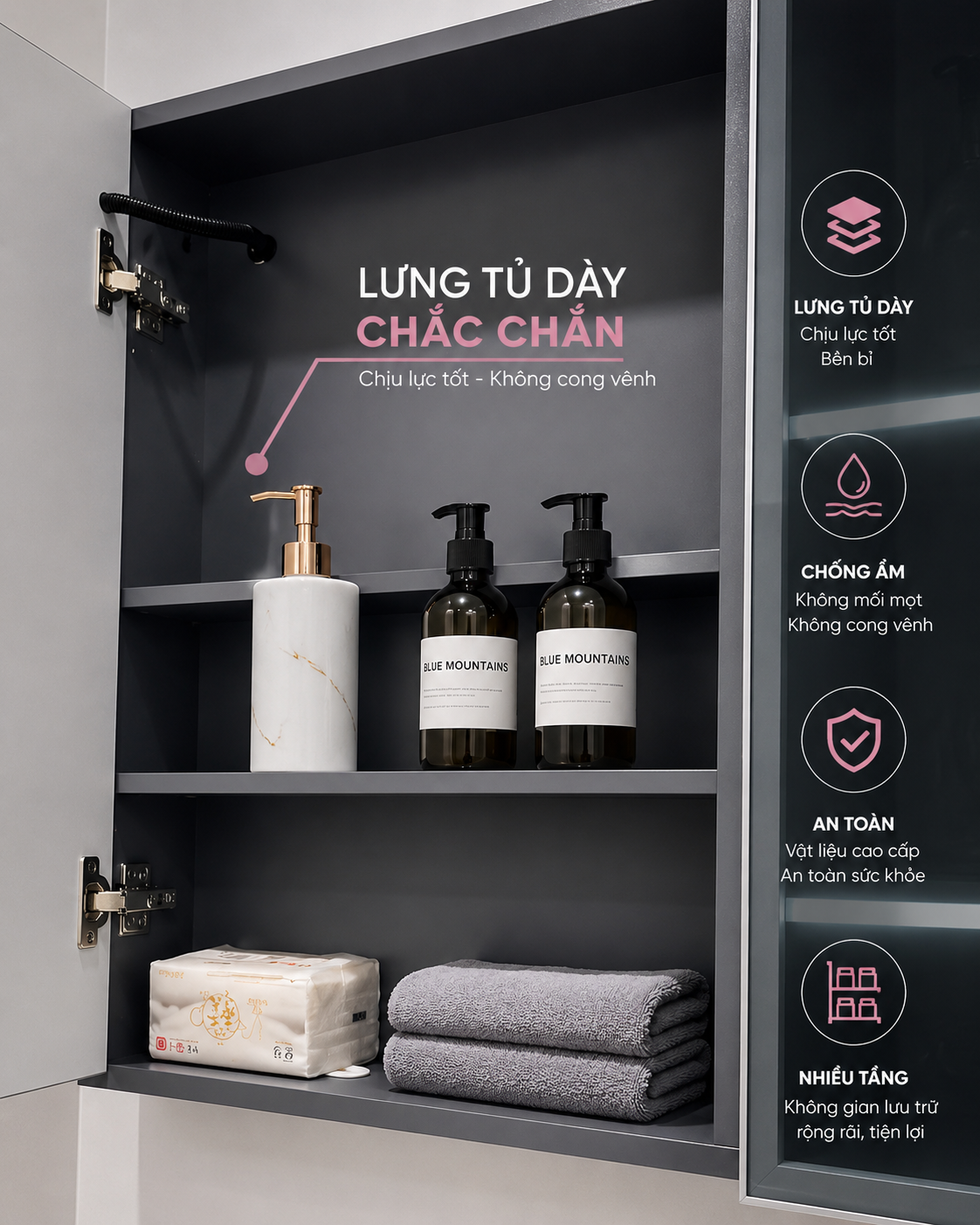 Ảnh cận tủ gương và khoang kính nhiều tầng Ảnh cận tủ gương và khoang kính nhiều tầng