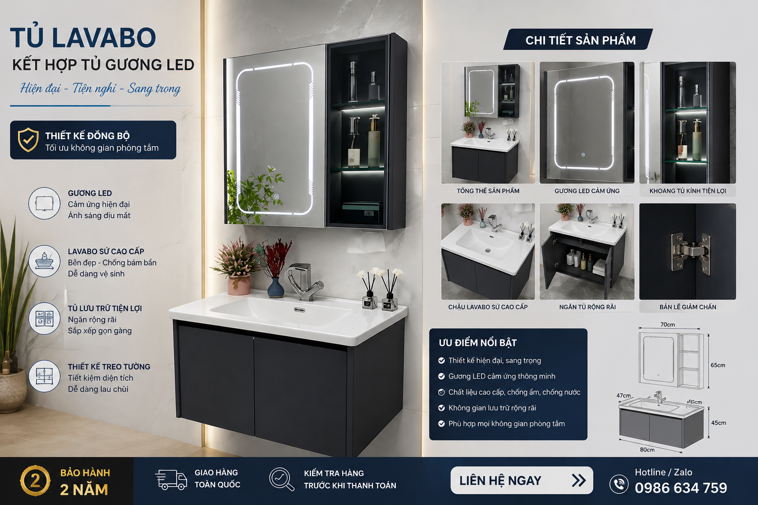 Ảnh tổng thể bộ tủ lavabo kết hợp gương phòng tắm