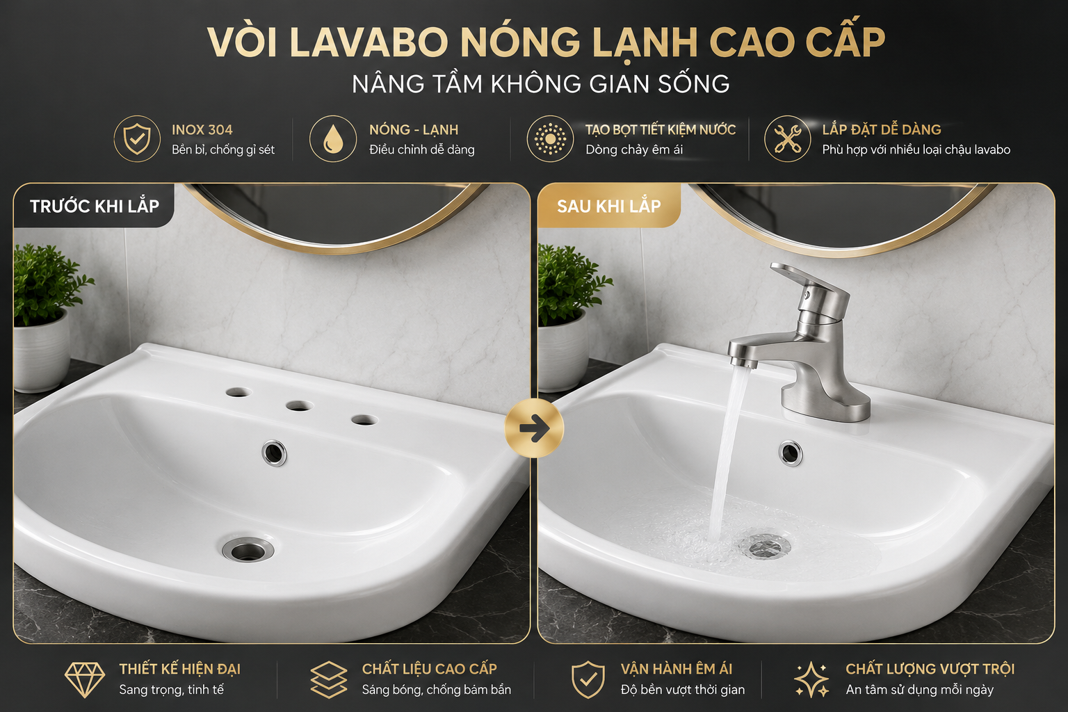 Hình trước và sau khi lắp vòi lavabo lên chậu