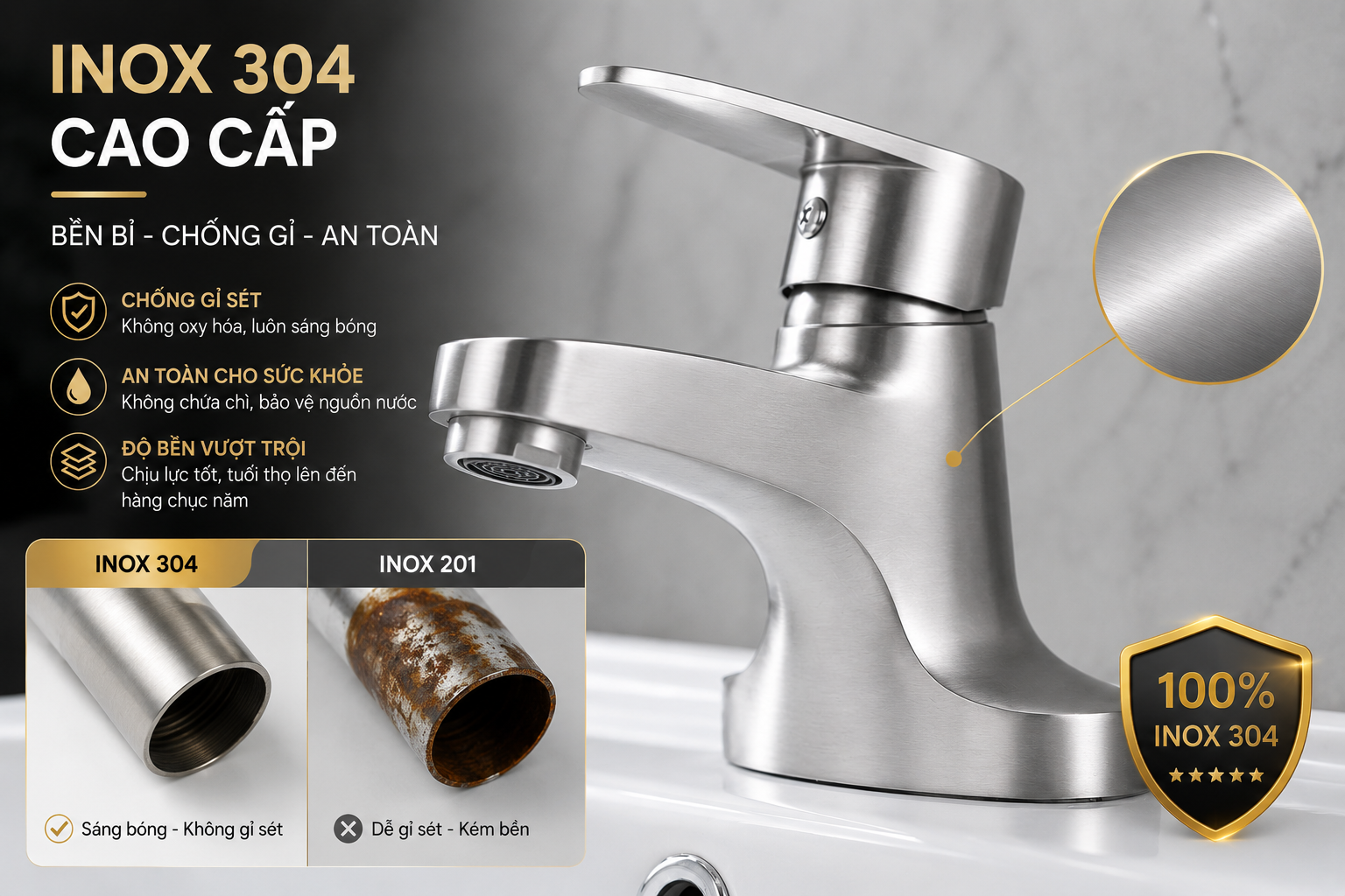 Cận cảnh chất liệu inox 304 của vòi lavabo