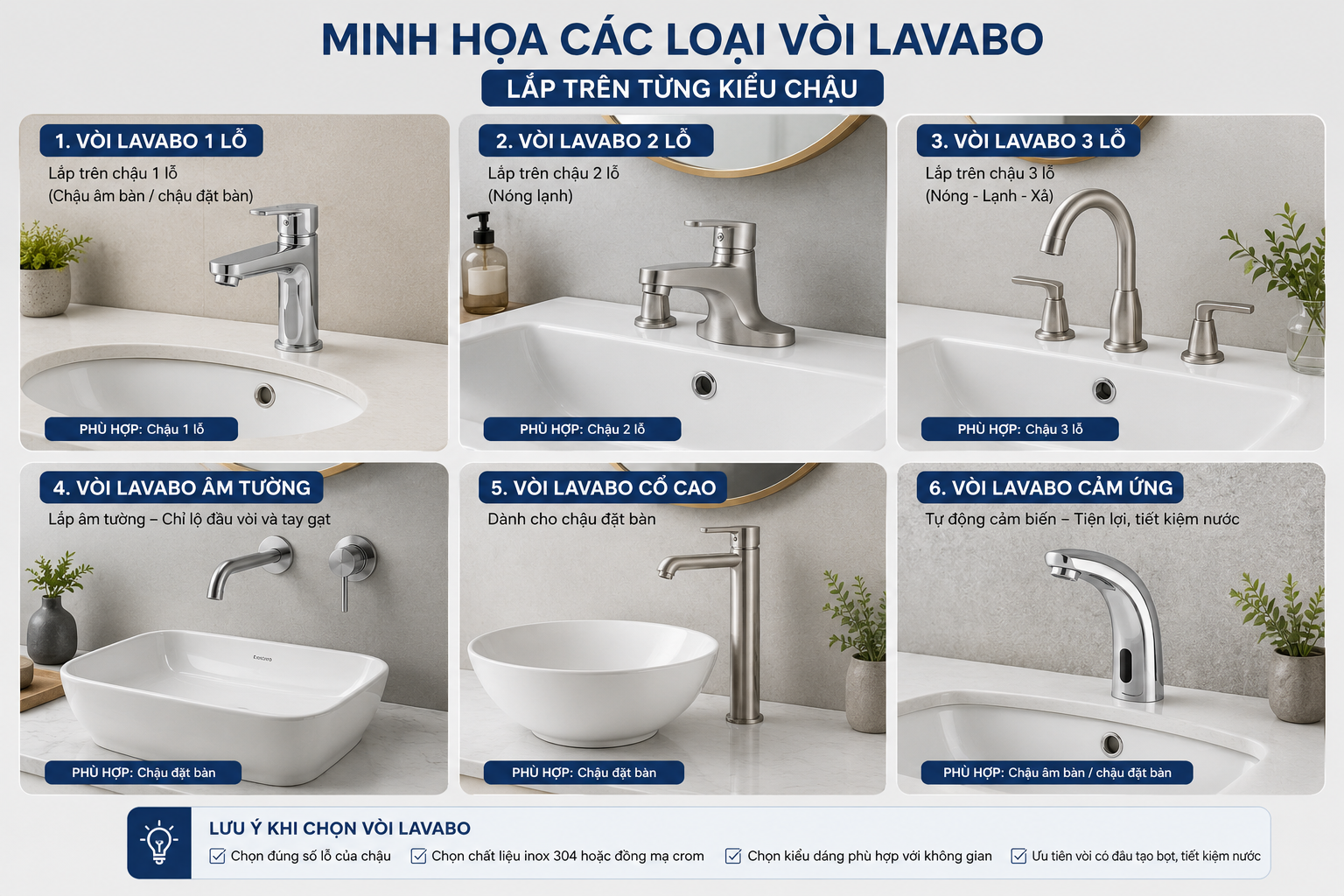 Minh họa các loại vòi lavabo lắp trên từng kiểu chậu Minh họa các loại vòi lavabo lắp trên từng kiểu chậu