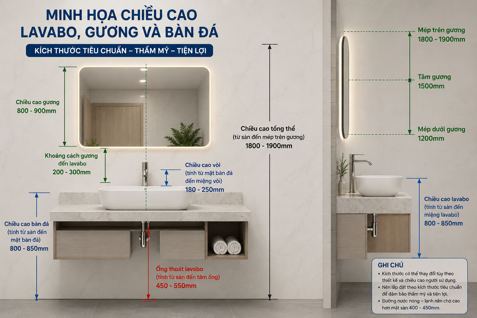 Minh họa chiều cao lavabo, gương và bàn đá