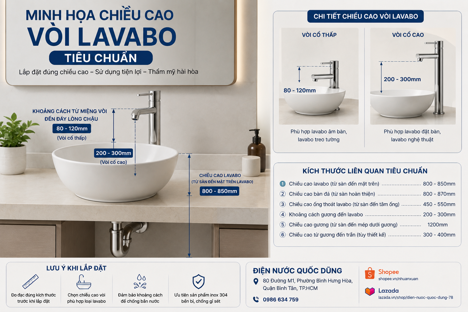 Minh họa chiều cao vòi lavabo tiêu chuẩn