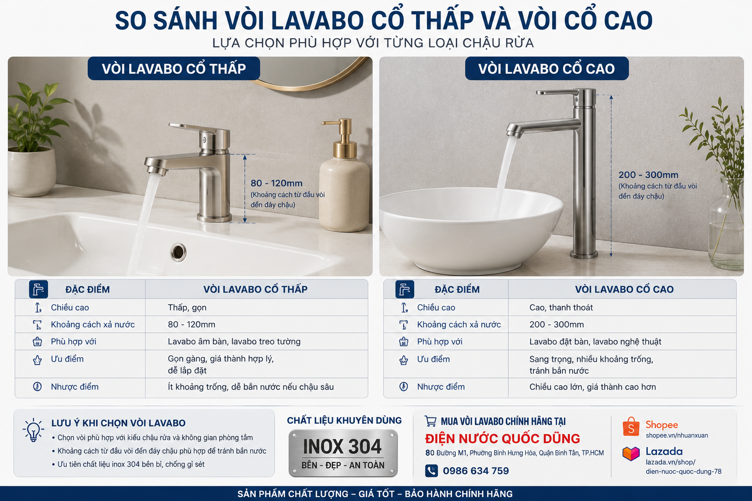 Vòi lavabo cổ thấp và vòi cổ cao so sánh