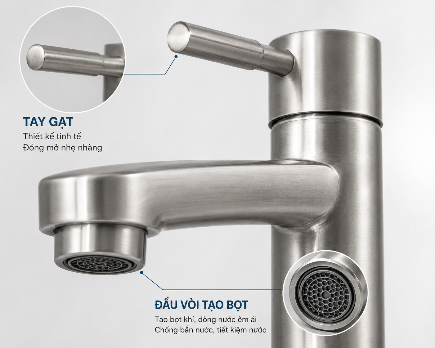 Cận cảnh tay gạt và đầu vòi tạo bọt tiết kiệm nước