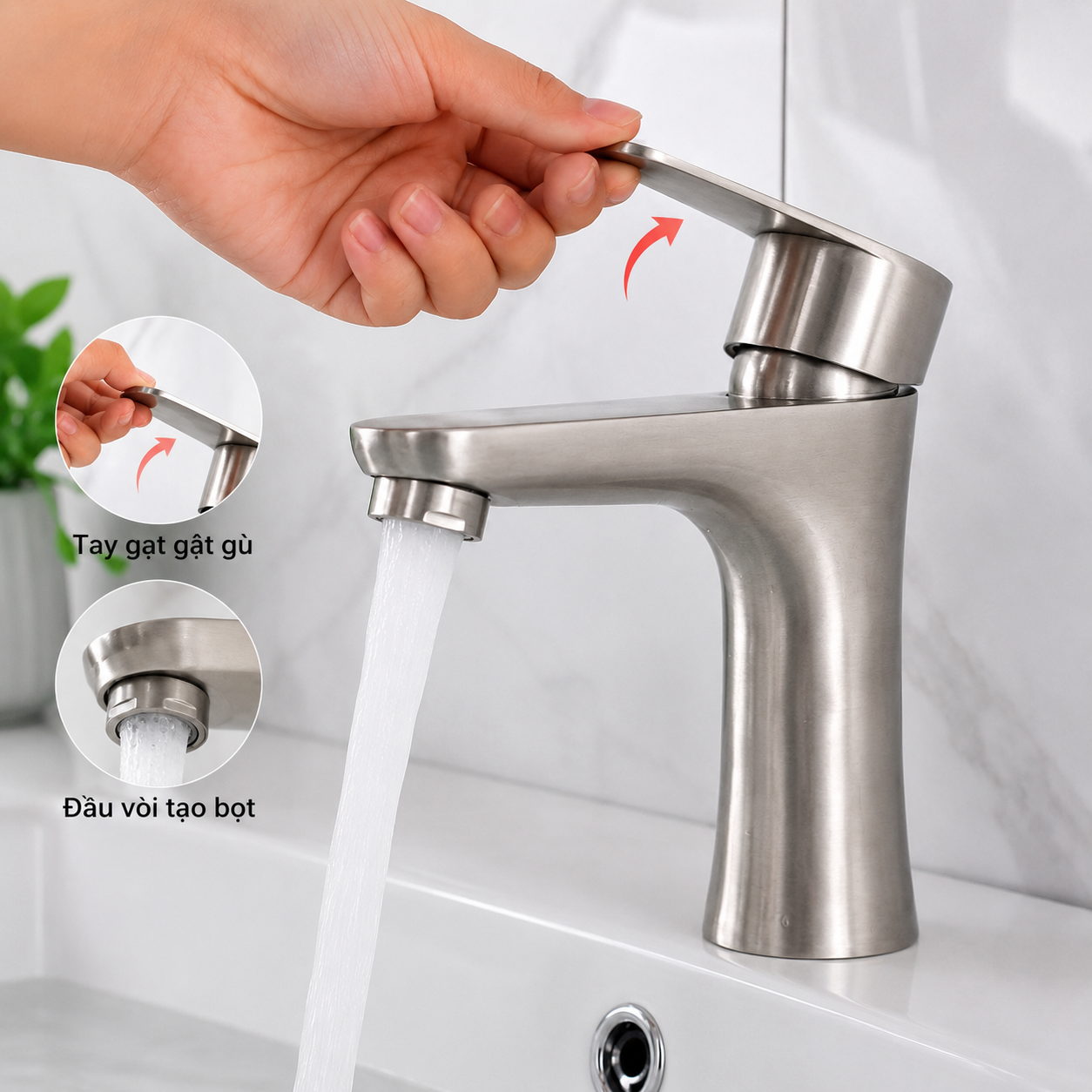 Tay gạt gật gù và đầu vòi tạo bọt đang hoạt động