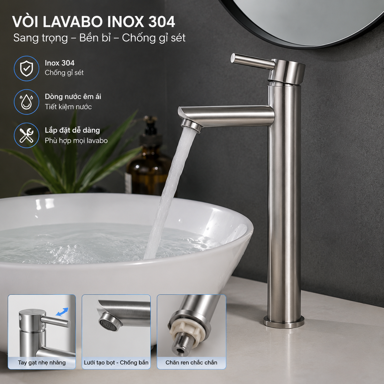 Vòi lavabo lạnh 30cm lắp trên chậu đặt bàn hiện đại