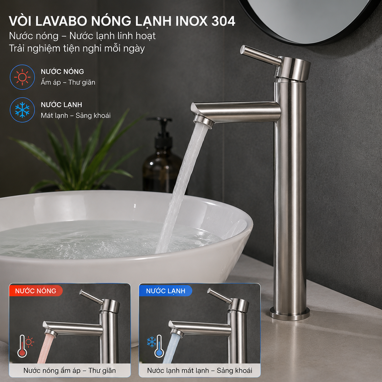 Vòi lavabo nóng lạnh inox 304 cao 30cm lắp trên lavabo đặt bàn Vòi lavabo nóng lạnh inox 304 cao 30cm lắp trên lavabo đặt bàn
