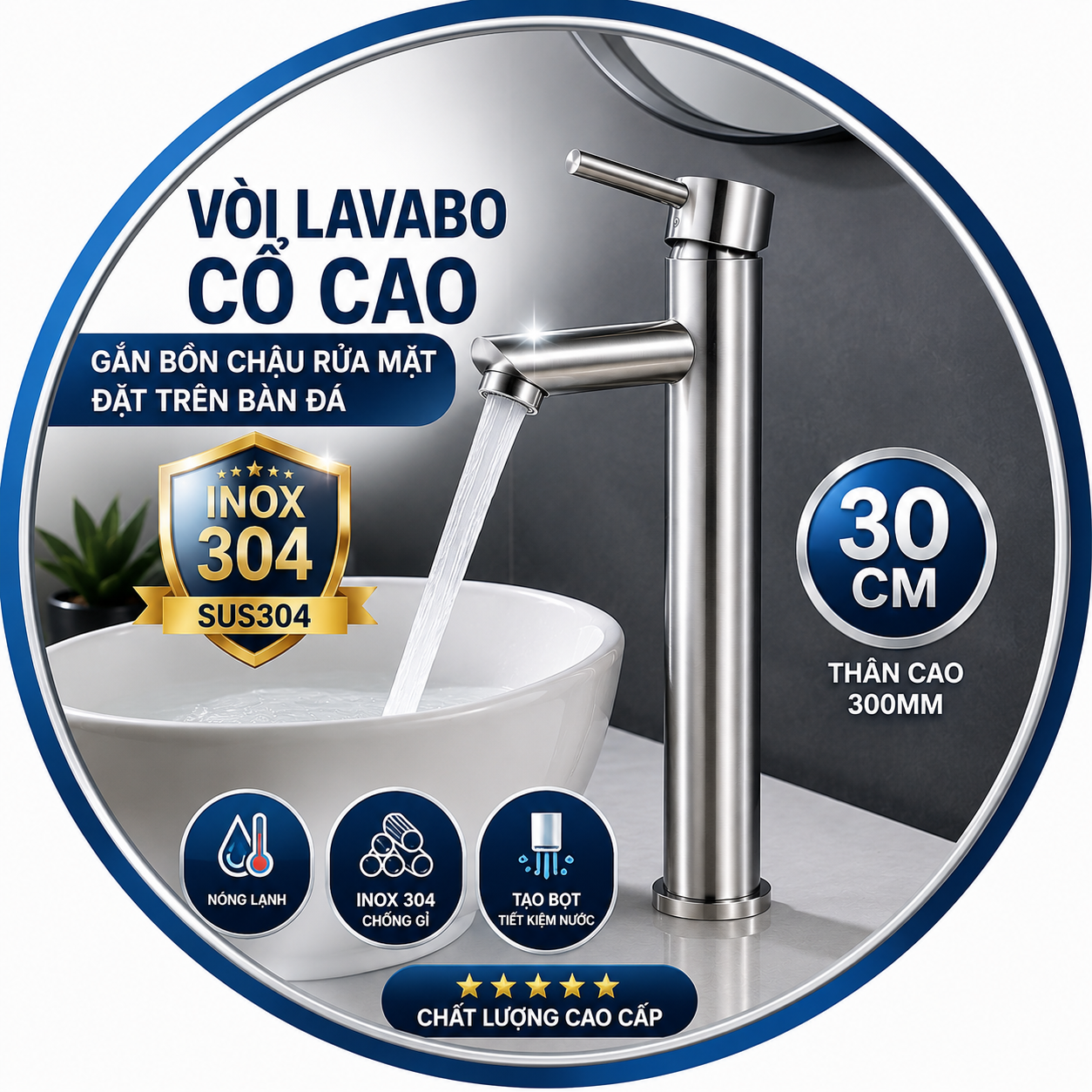 Vòi chậu lavabo nóng lạnh inox 304 lắp trên lavabo đặt bàn Vòi chậu lavabo nóng lạnh inox 304 lắp trên lavabo đặt bàn
