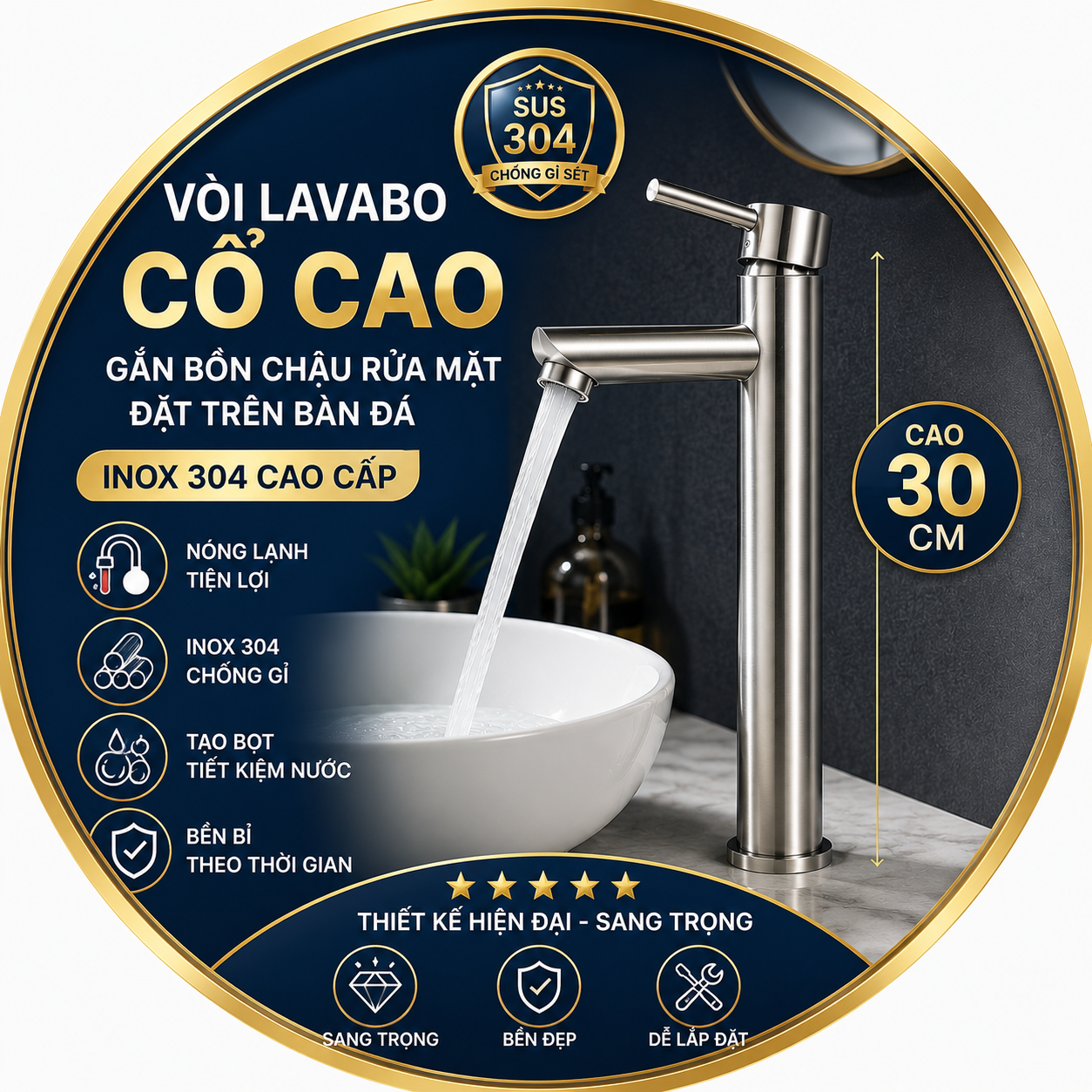 Vòi lavabo cổ cao inox 304 lắp trên chậu đặt bàn Vòi lavabo cổ cao inox 304 lắp trên chậu đặt bàn