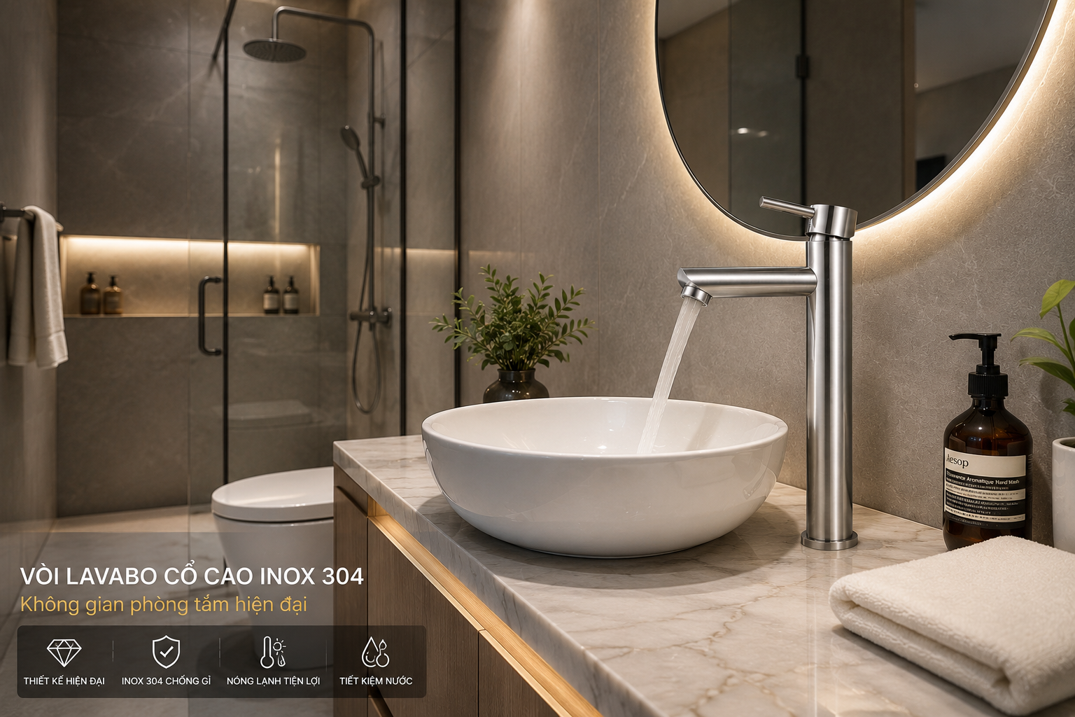 Không gian phòng tắm hiện đại sử dụng vòi lavabo cổ cao Không gian phòng tắm hiện đại sử dụng vòi lavabo cổ cao