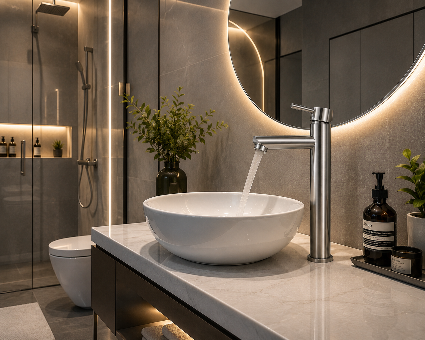 Không gian phòng tắm hiện đại sử dụng vòi lavabo thân cao inox SUS304