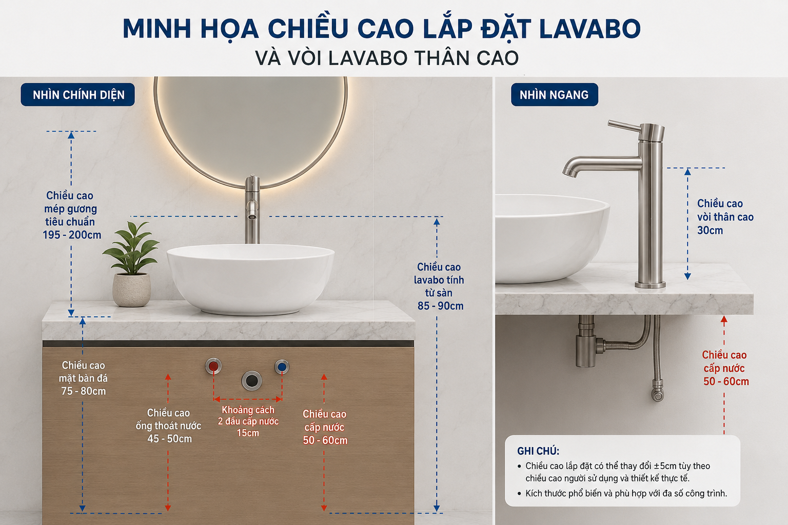 Minh họa chiều cao lắp đặt lavabo và vòi lavabo thân cao Minh họa chiều cao lắp đặt lavabo và vòi lavabo thân cao