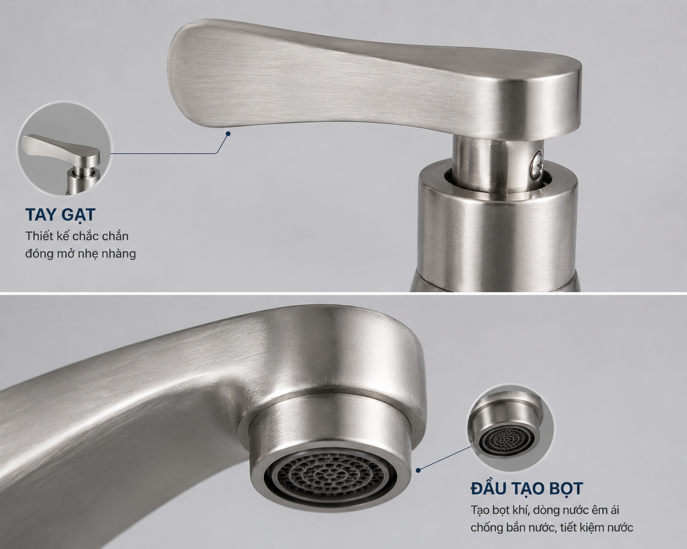 Cận cảnh tay gạt và đầu vòi tạo bọt Cận cảnh tay gạt và đầu vòi tạo bọt