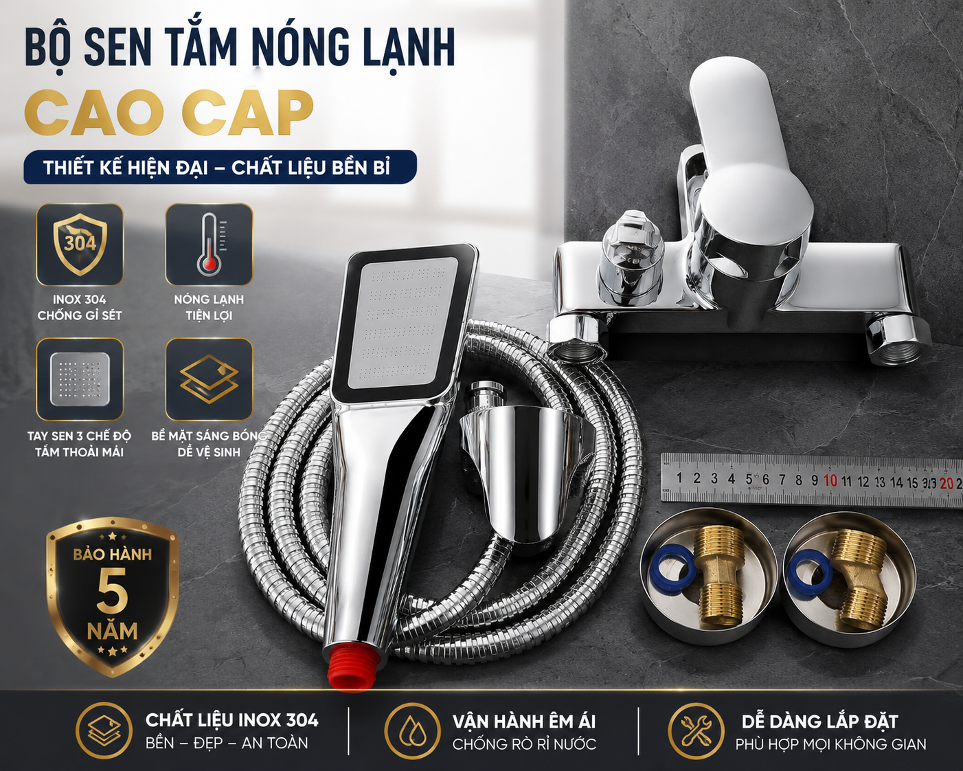 Hình quảng cáo tổng thể bộ vòi hoa sen nóng lạnh xi mạ điện crom