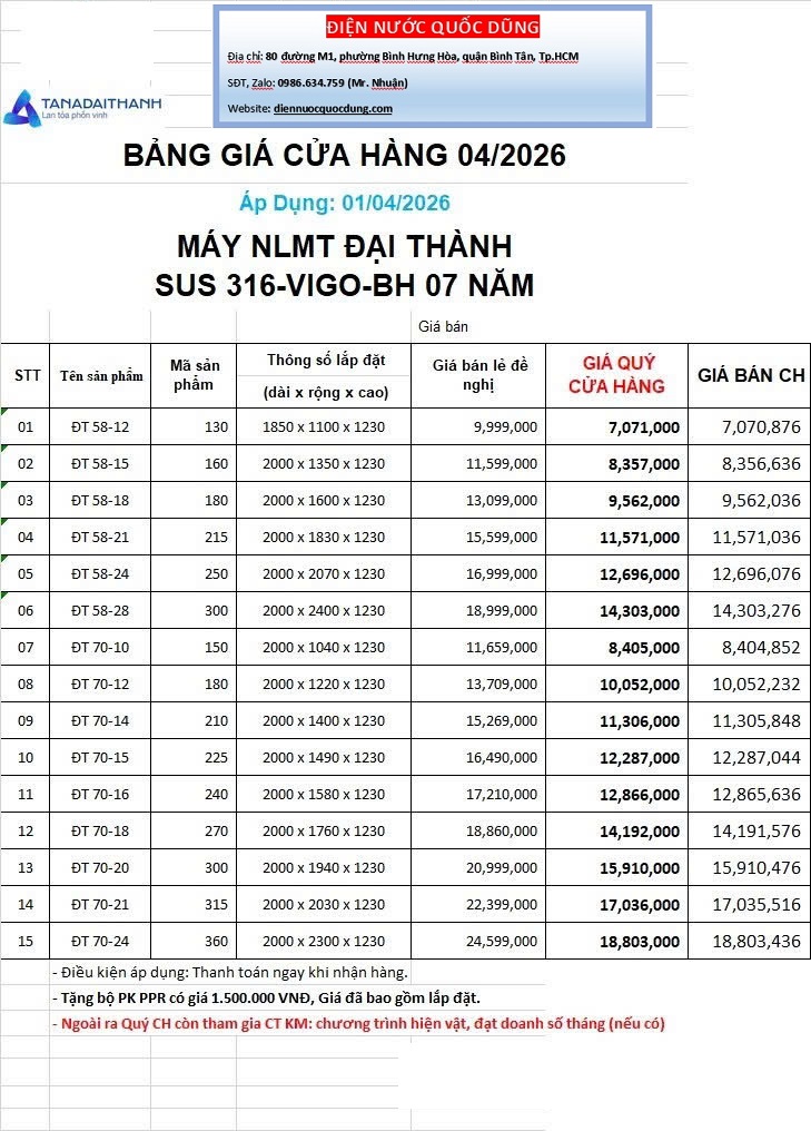 Bảng giá máy NLMT Đại Thành Vigo SUS 316
