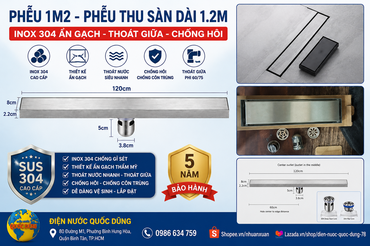 Phễu thu sàn dài 1.2m