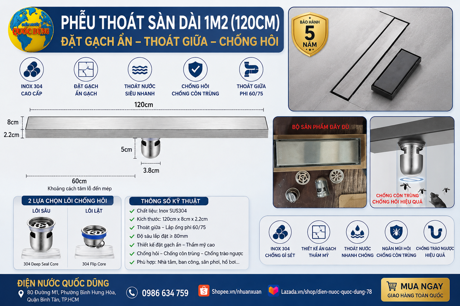 sản phẩm Phễu Thoát Sàn Đặt Gạch dài 1m2 hay 120cm