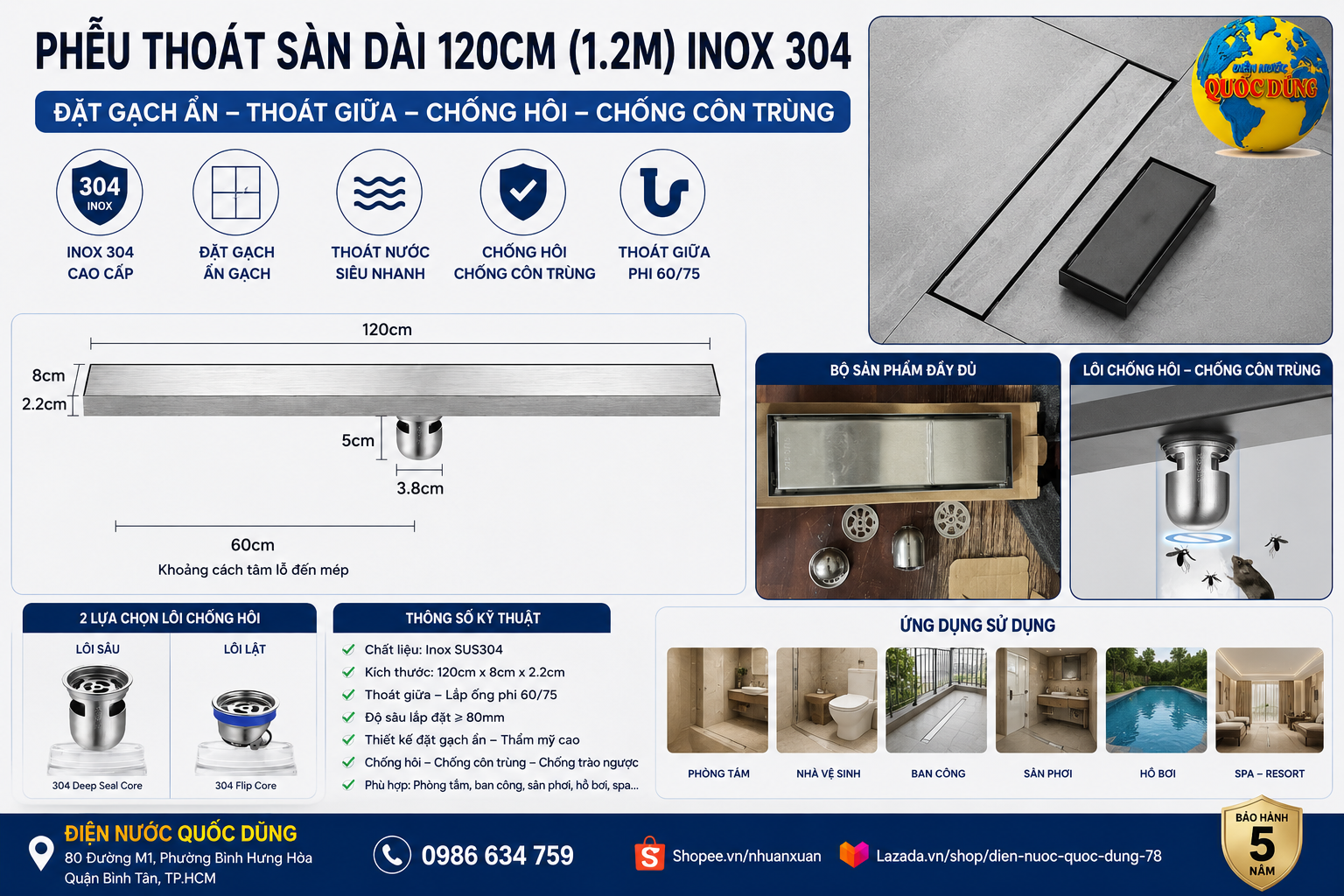 Rãnh thoát sàn inox 304 120cm - Thoát sàn dài 1M2 ẩn gạch
