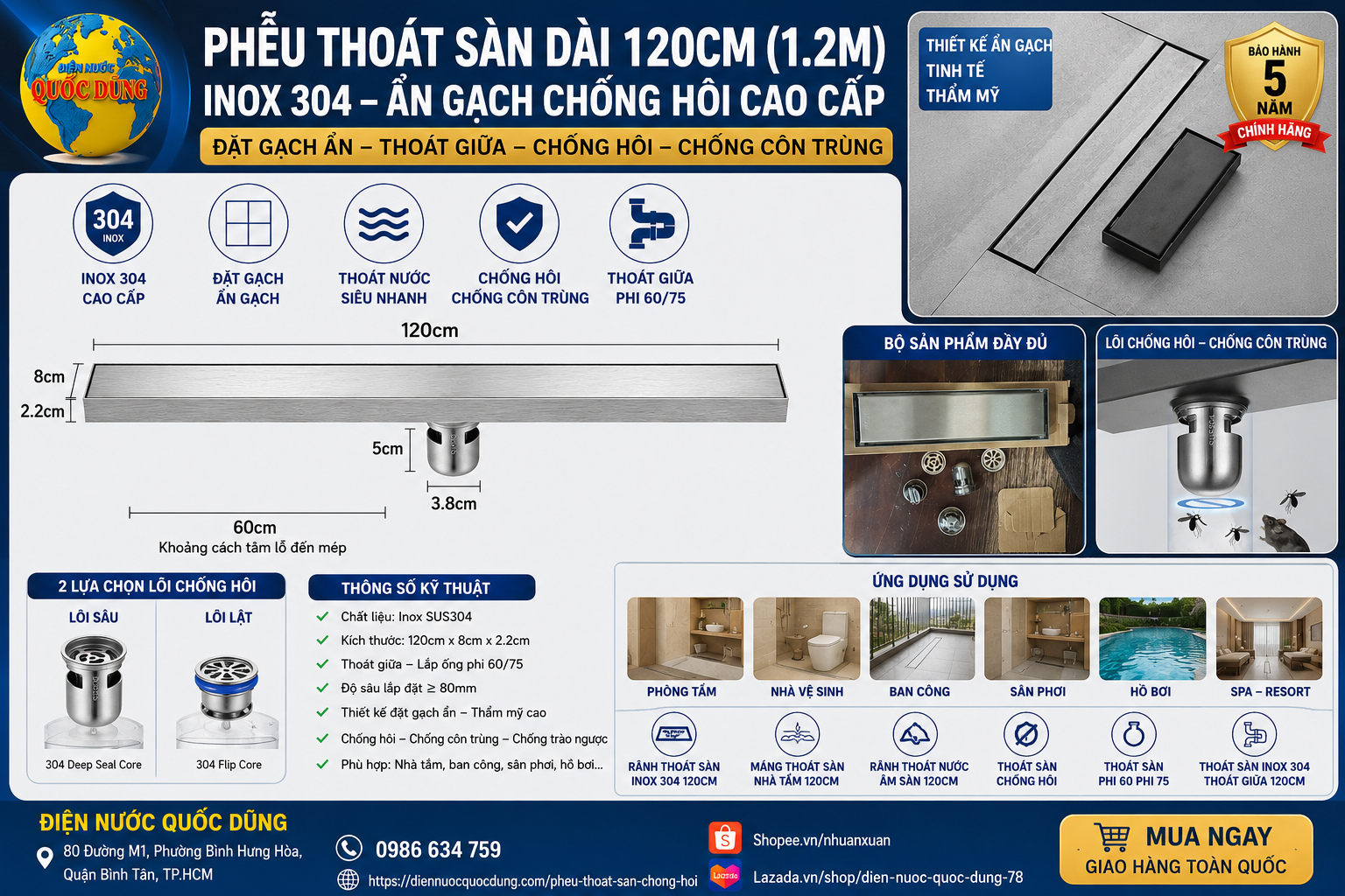 Phễu thoát sàn chống hôi 120cm - Máng thoát sàn nhà tắm 1.2M