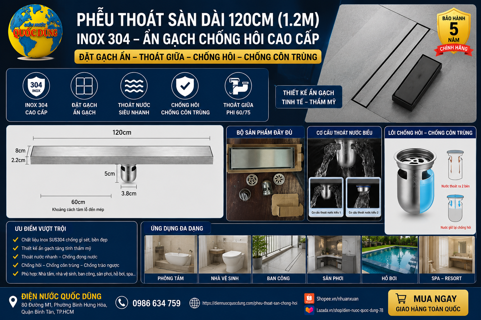 Phễu thoát sàn dài 120cm inox 304
