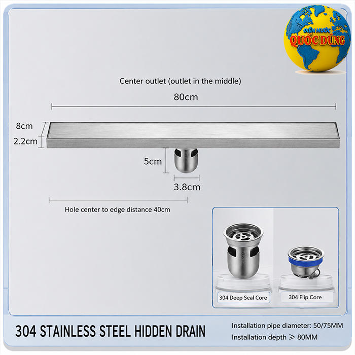 rãnh thoát sàn inox 304 dài 80cm
