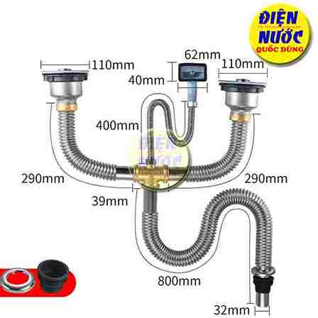 Bộ xả chậu rửa chén inox 304 2 hộc