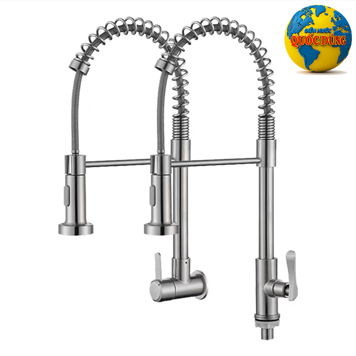 vòi rửa chén gắn tường dây lò xo xoay 2 đầu phun