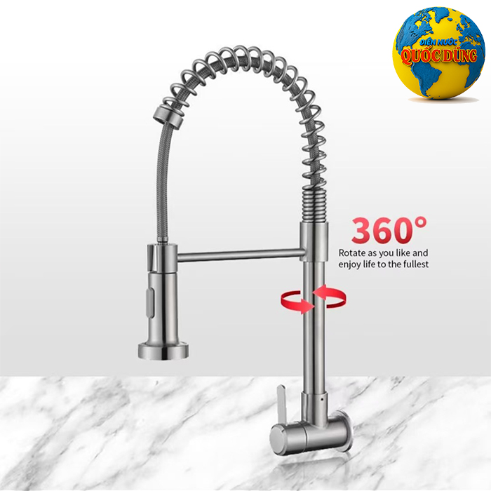 vòi rửa chén gắn tường dây lò xo xoay 360 độ