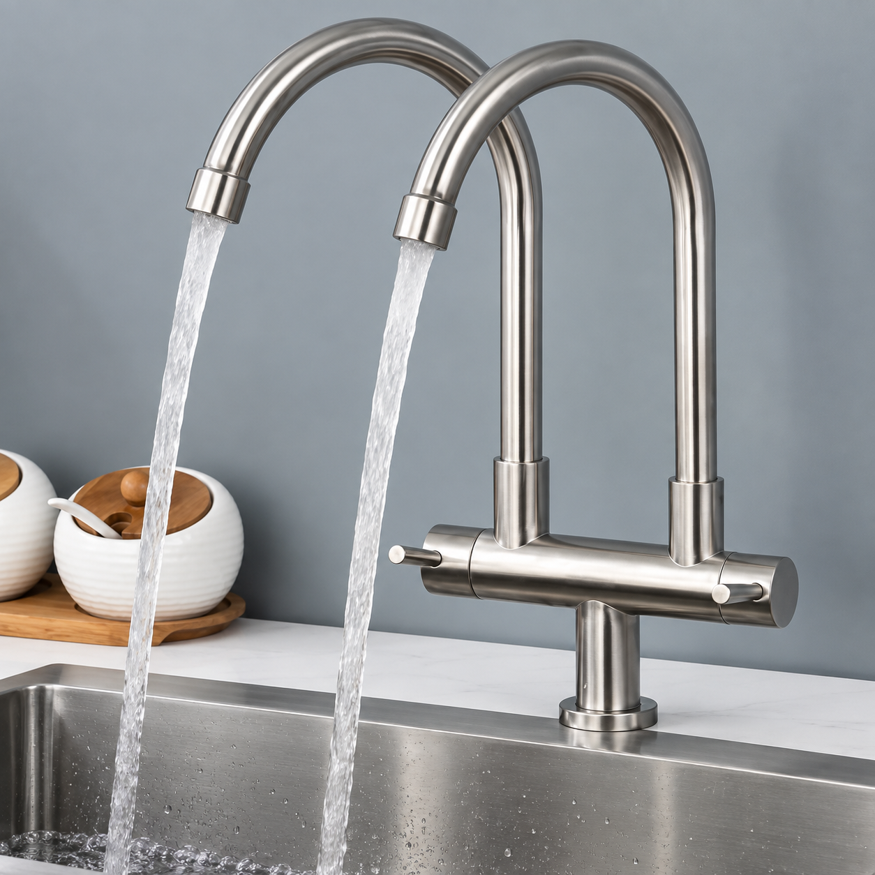 Vòi rửa chén lạnh đôi 2 đầu inox SUS304 cao cấp cho chậu 2 hộc
