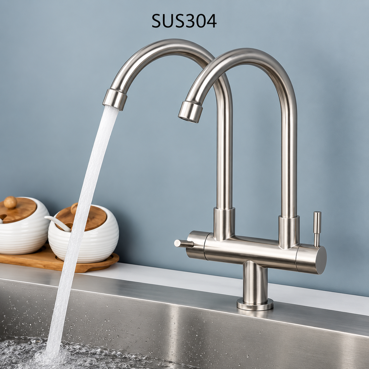 Vòi nước inox 304 2 đầu cho bồn rửa chén lắp đặt trong nhà bếp hiện đại