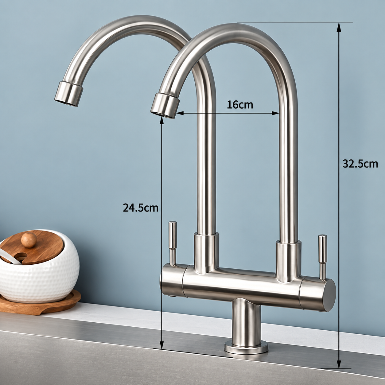 Kích thước vòi rửa chén đôi inox 304 cao 32,5cm khoảng cách hai đầu 16cm