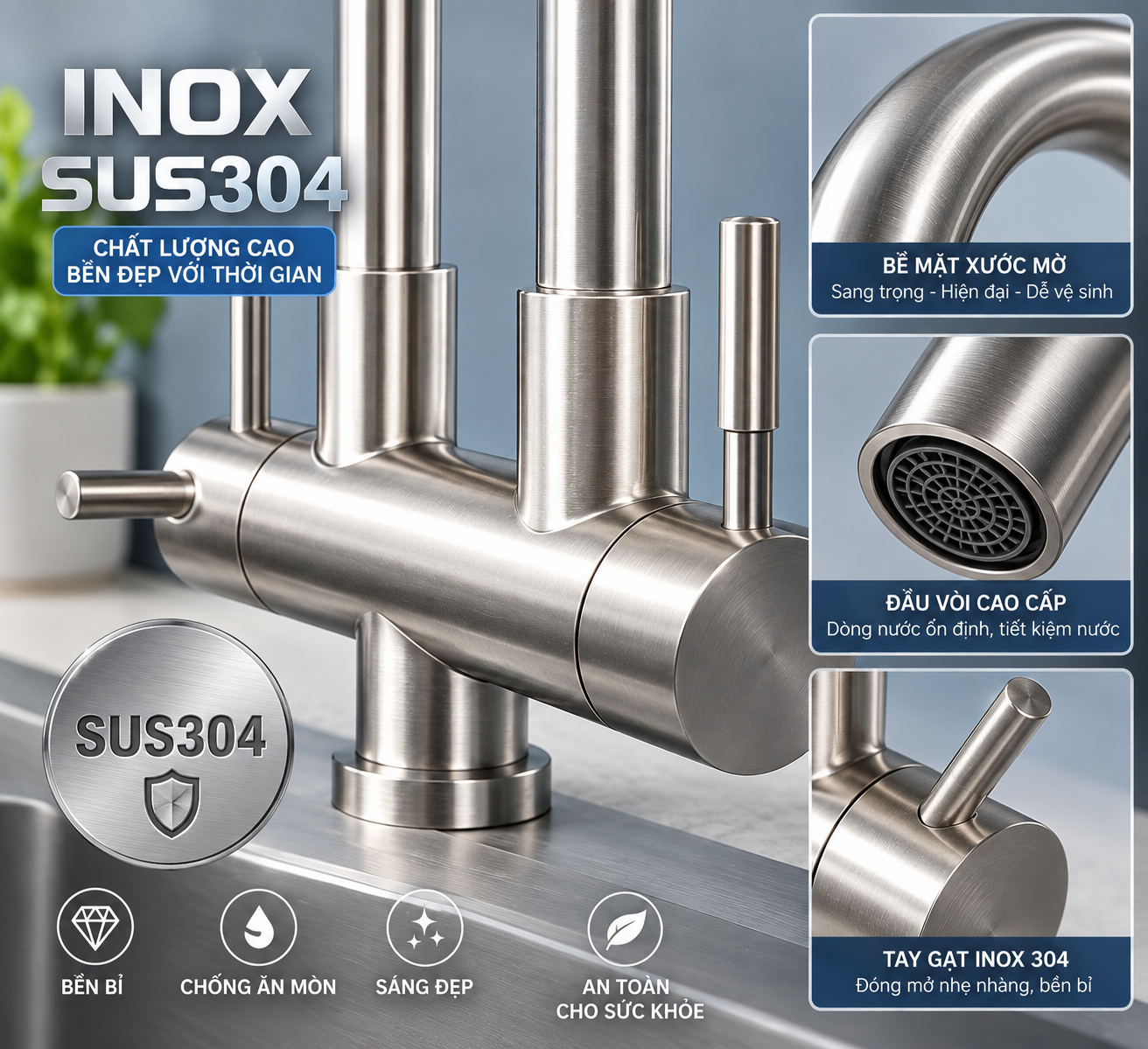 Cận cảnh vòi rửa chén inox SUS304 2 vòi bề mặt xước mờ cao cấp