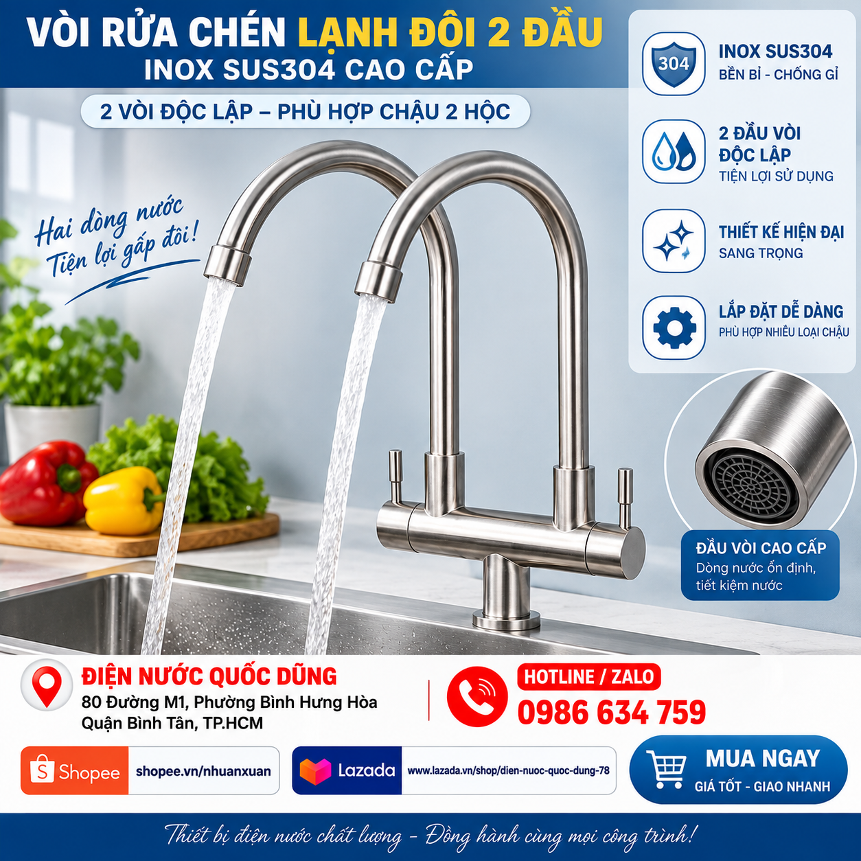 Vòi rửa chén lạnh 2 đầu inox 304 cao cấp Điện Nước Quốc Dũng Bình Tân TPHCM