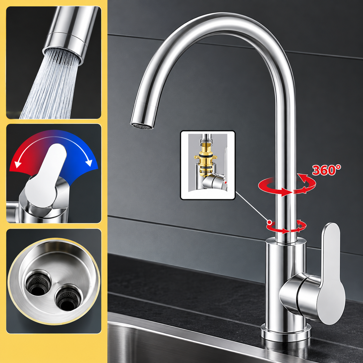 Vòi rửa bát 2 đường nước nóng lạnh Inox 304 cổ bi